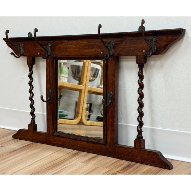 English Antique English Oak Hall Tree Mirror With Barley Twist Hooks C 1900 For Sale - Image 3 of 7