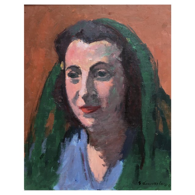 Georges Dessouslavy, Portrait de Femme au Foulard Vert, 1943, Oil on Canvas, Framed For Sale