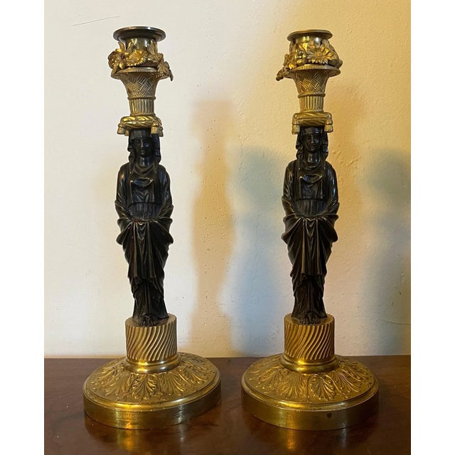 Antique French Empire Gilt Bronze Candlesticks in the Manner of Thomas Hope 1810- a Pair For Sale - Image 10 of 13