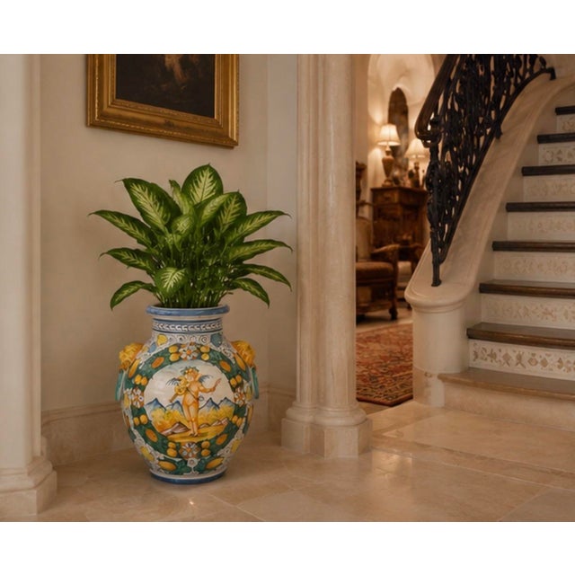 Vintage Italian Majolica Style Large Ceramic Urn Vase With Putto and Lion Head Handles For Sale - Image 9 of 11