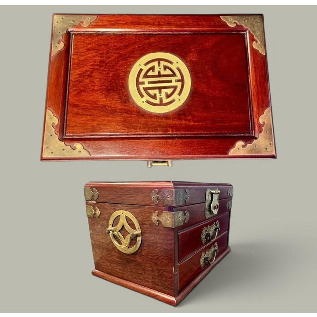 Chinese Rosewood Jewelry Box-Brass Hardware-Silk Lined-Trinket Chest-Asian-Decor For Sale - Image 6 of 11