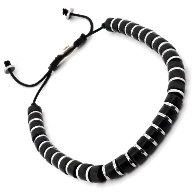 Metal Men's Black Onyx Stone Beaded Adjustable Bracelet For Sale - Image 7 of 8