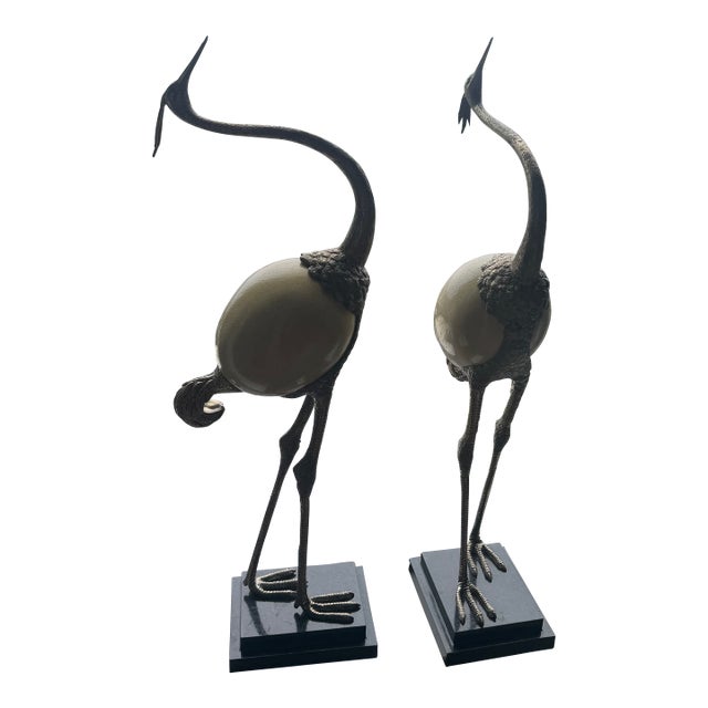Vintage Maitland-Smith Ostrich Egg and Brass Crane/Heron Sculptures - Pair For Sale