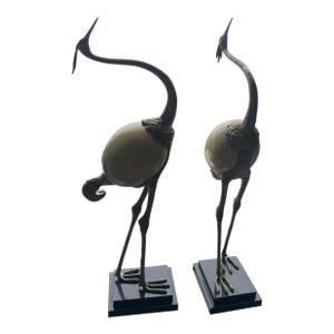 Vintage Maitland-Smith Ostrich Egg and Brass Crane/Heron Sculptures - Pair