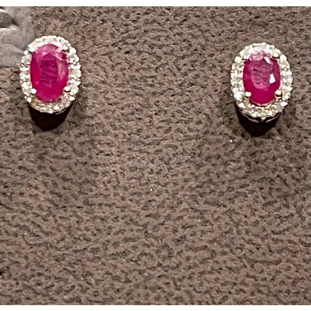 1 Carat Oval Natural Ruby and Diamond Stud Post Earrings 14 Karat White Gold For Sale - Image 10 of 18
