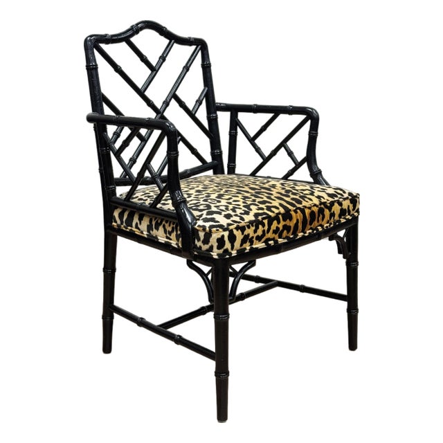 Vintage Chippendale Style Black Faux Bamboo Arm Chair W/ Leopard Print Velvet Upholstery For Sale