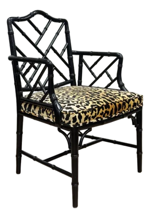 Vintage Chippendale Style Black Faux Bamboo Arm Chair W/ Leopard Print Velvet Upholstery