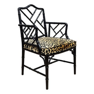 Vintage Chippendale Style Black Faux Bamboo Arm Chair With Leopard Print Velvet Upholstery For Sale