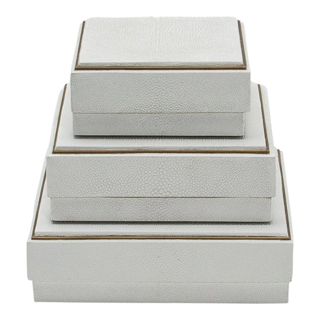 Set of 3 Square Boxes in White Shagreen With Brass Frame by R&y Augousti For Sale
