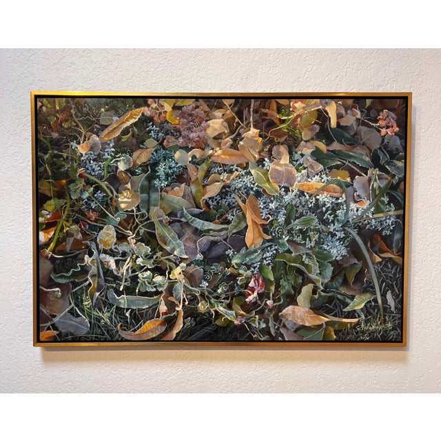 The artwork captures a detailed, close-up view of frost-kissed foliage, showcasing a rich tapestry of leaves and plants...
