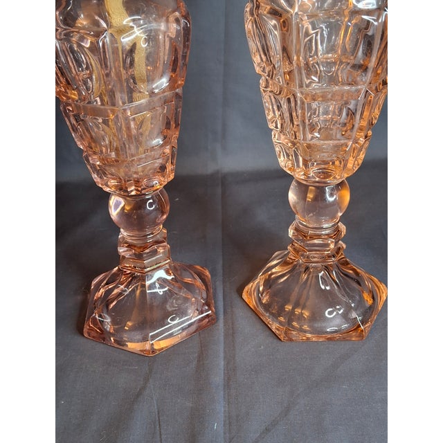 Vintage Pink Pressed Glass Kerosene Table Lamps - Matching Pair With Chimneys For Sale - Image 10 of 13