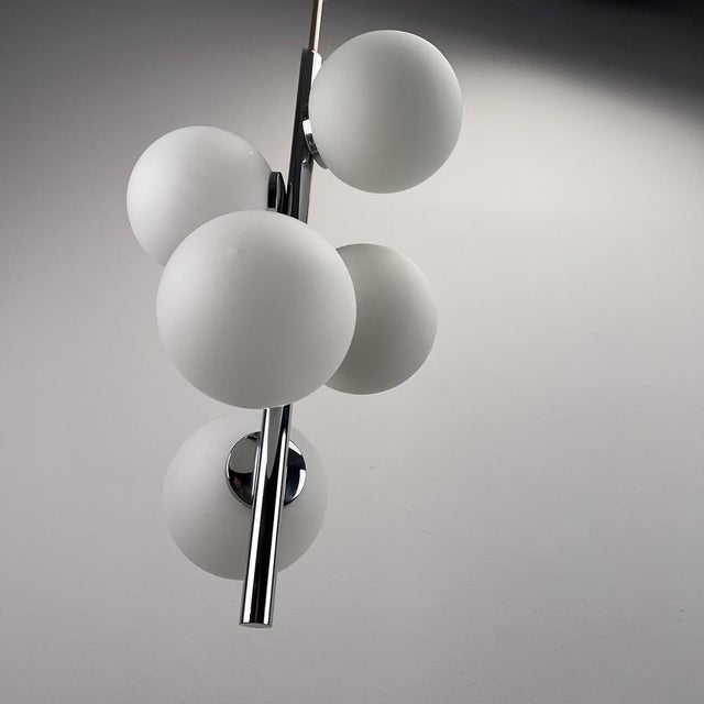 Mid-Century Modern Chrome-Plated Elongated Pendant Light with Five White Opal Glass Spheres, Germany, 1970s For Sale - Image 3 of 8