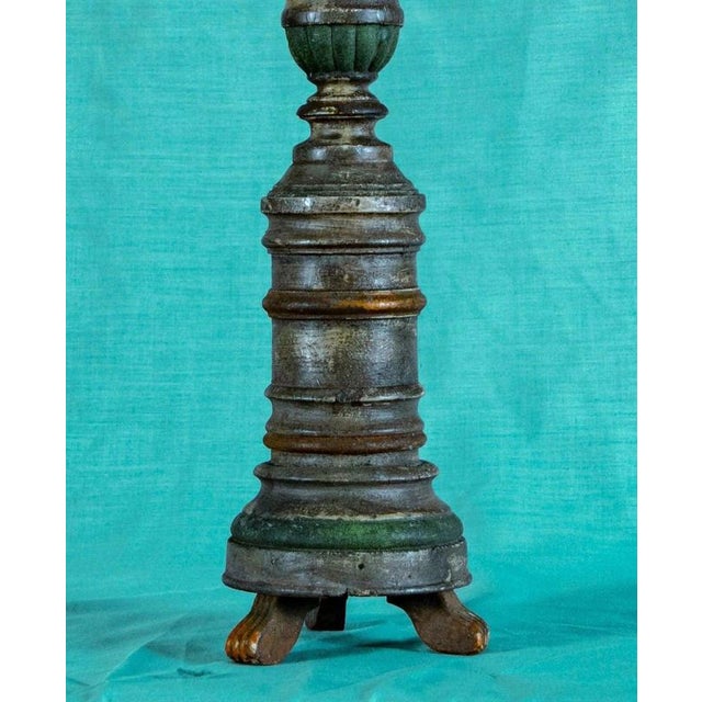 Antique Polychrome Turned Wood Pricket Candlestick on Tripod Base For Sale - Image 6 of 12