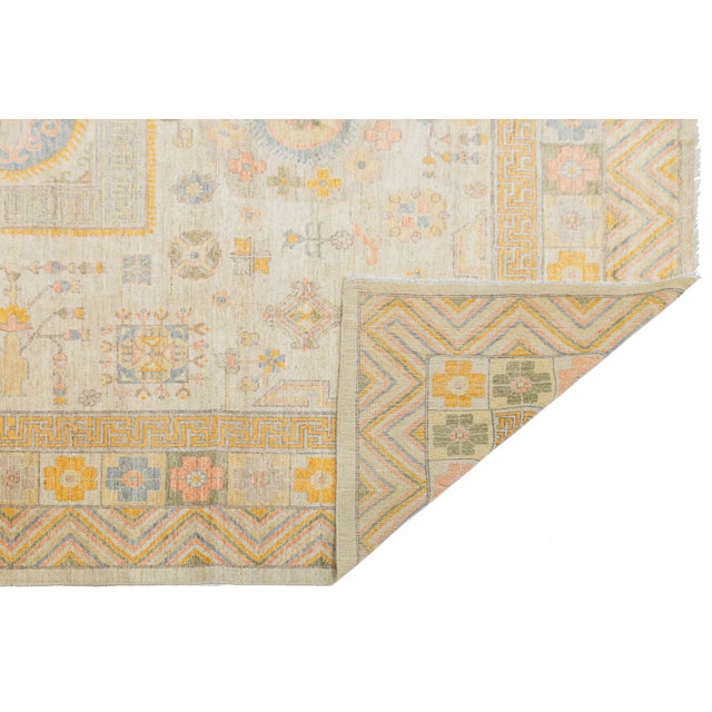 Modern Modern Khotan Style Hand-Knotted Wool Rug - Pastel Geometric Medallion Design For Sale - Image 3 of 11