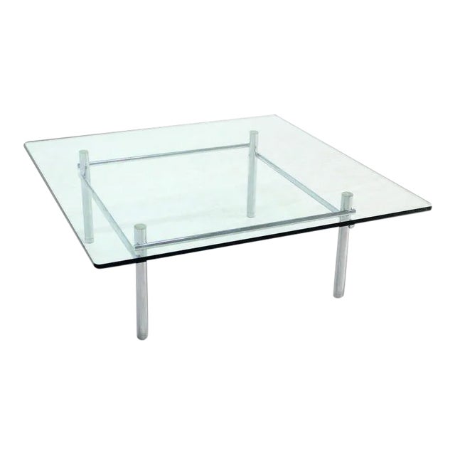 1970s Vintage Chrome Base With Heavy Steel Bars and Square Glass-Top Coffee Table For Sale