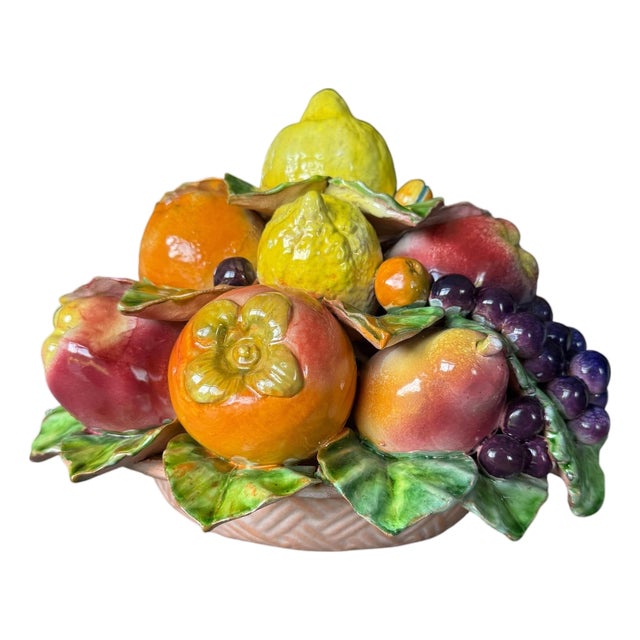 Vintage 20th Century Italian Majolica Ceramic Fruit Basket Centerpiece by Cottura For Sale