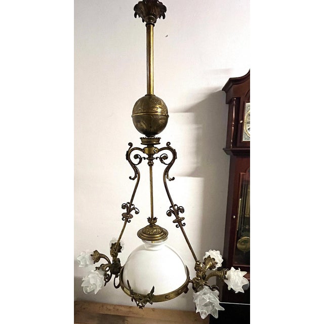Antique Brass and Glass 7-Light Chandelier from H. Luppens Bruxelles, 1920s For Sale - Image 3 of 10