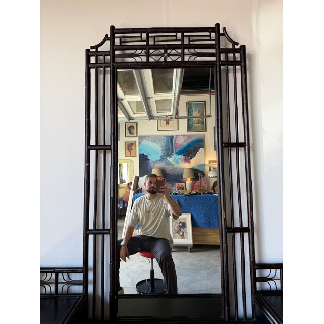 Vintage Chinoiserie Black Lacquered Bamboo Vanity Dressing Table With Mirror, Side Cabinets & Wicker Bench For Sale - Image 11 of 17