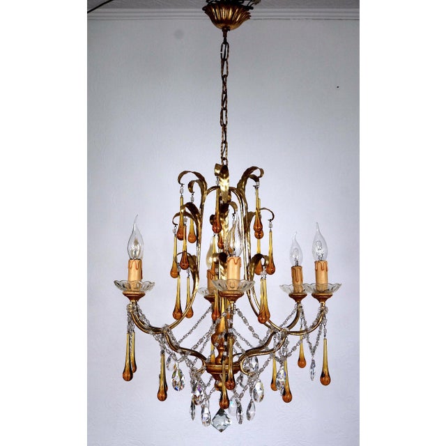 Gilded Metal and Murano Glass Drop Chandelier, 1940s, in Very Good conditions. Designed 1920 to 1949 I have official proof...