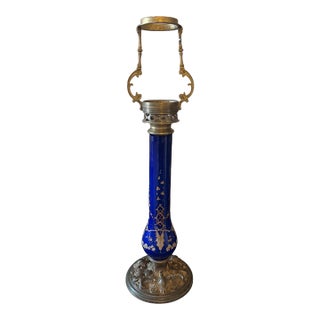 Antique English Cobalt Blue Enamel Victorian Art Glass Palmer Candle Lamp Base For Sale