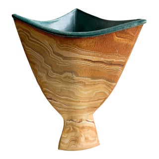 Signed Sculptural Marbled Stoneware Vase For Sale