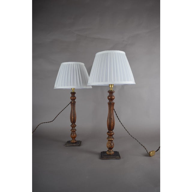Vintage Turned Wood Table Lamps with Pleated Shades, France, 1970s, Set of 2 For Sale - Image 6 of 12