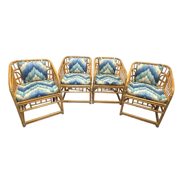 Vintage McGuire Style Rattan and Rawhide Barrel Armchairs With Cushions- Set of 4 For Sale