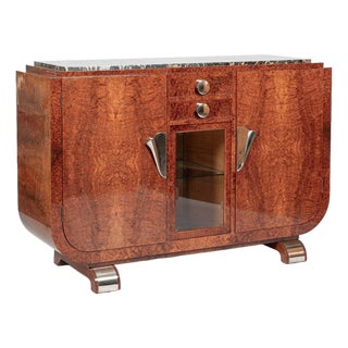 French Art Deco Amboyna Burl Sideboard or Bar Cabinet With Marble Top, Circa 1930 For Sale