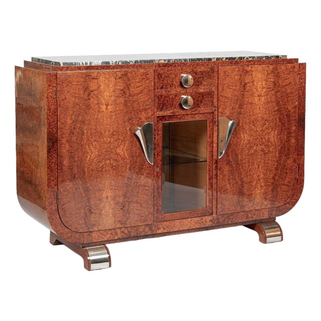 French Art Deco Amboyna Burl Sideboard or Bar Cabinet With Marble Top, Circa 1930 For Sale