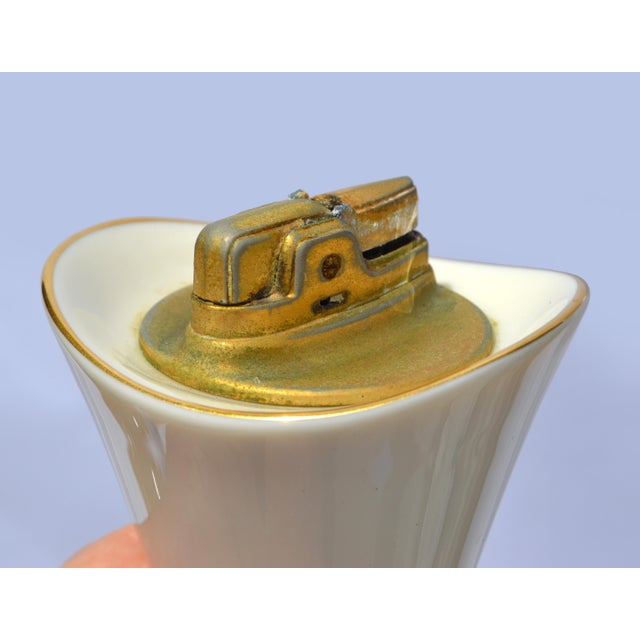 Metal 1960s Set of 4 Lenox Cream Ceramic Lighter Cigarette Holder Two Ashtrays Gold Trim For Sale - Image 7 of 14