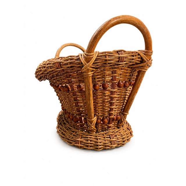 Vintage 1970s Woven Wicker Basket With Wood Bead Detail & Handle For Sale In San Diego - Image 6 of 14