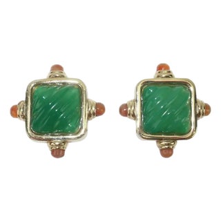 Francesca Romana Gold Plated Clip-on Earrings With Emerald Green Glass For Sale