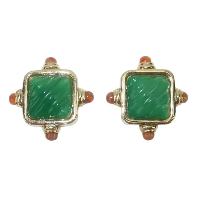 Francesca Romana Gold Plated Clip-on Earrings With Emerald Green Glass For Sale