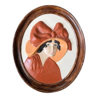Vintage 1975 Duncan Ceramic Erma Gilliland Duncan Lady With Bow Wall Plaque For Sale