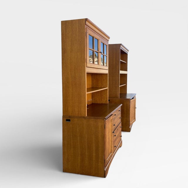1990s Pair of Cottage Style Oak Hutch Cabinets With Glass Doors For Sale - Image 4 of 18