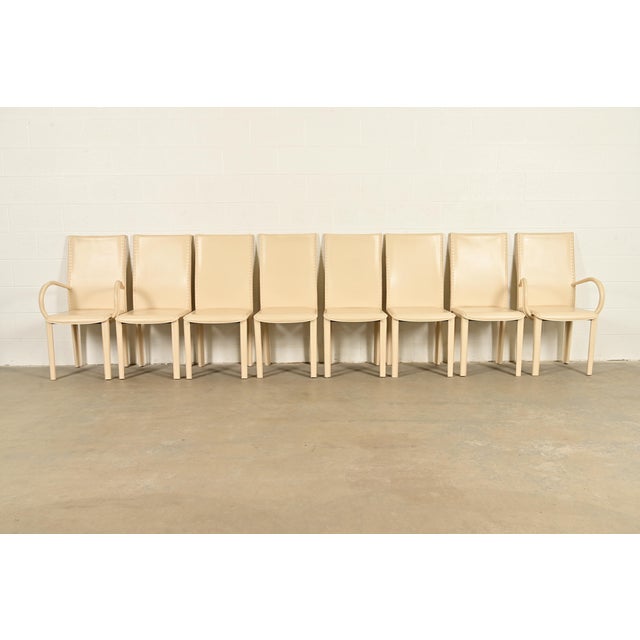 Postmodern Mario Bellini Style Italian Modern Cream Leather Wrapped High Back Dining Chairs, Set of Eight For Sale - Image 3 of 14