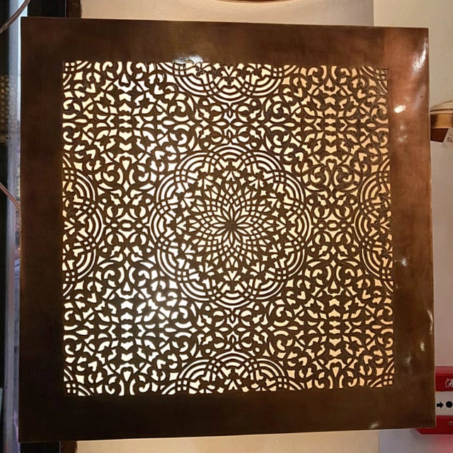 Moroccan 1980s Floral Embossed Square Wall Brass Lamp Hand Craft For Sale - Image 3 of 8