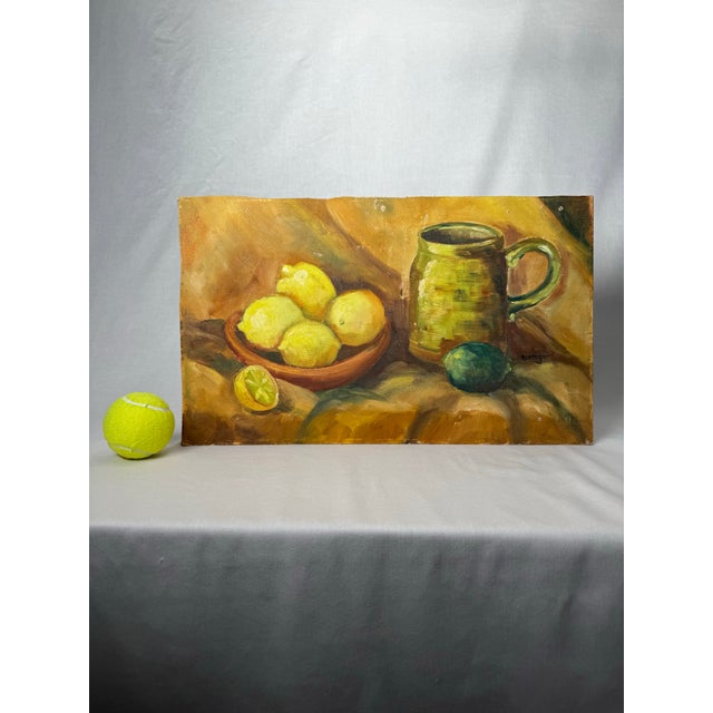 Vintage Mid Century Traditional Expressionist Still Life Original Oil Painting on Board, Yellow, Green & Goldenrod For Sale - Image 11 of 12