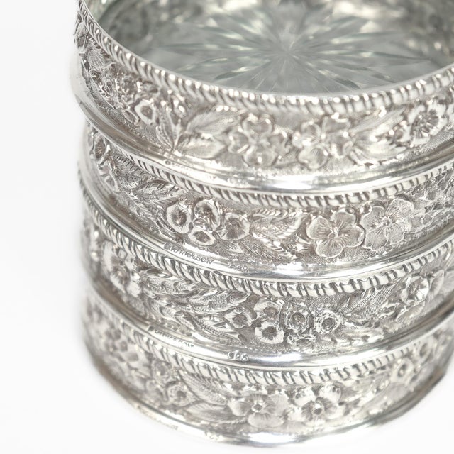 Metal Antique Set of 8 S. Kirk & Son Repousse Sterling Silver & Cut Glass Coasters For Sale - Image 7 of 18