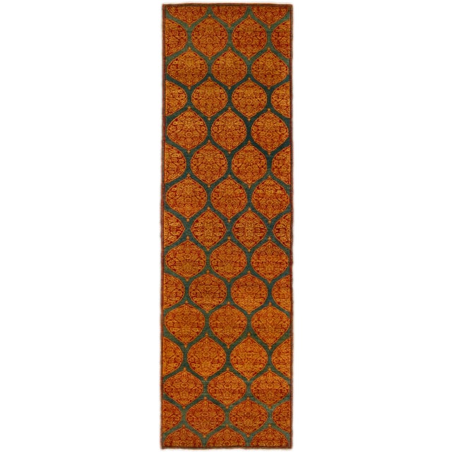 Blue Transitional Sari Silk Handmade Rusted Floral Pattern Designed Runner For Sale - Image 10 of 10