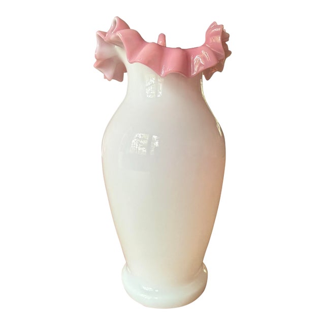 Vintage Fenton Rose Crest Milk Glass Crimped Vase in Pink & White For Sale