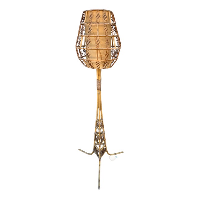 Rattan Floor Lamp in the style of Louis Sognot, France, 1950s For Sale