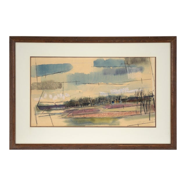 Mid Century Modern Farmhouse Landscape in Watercolor and Ink on Paper by Robin Gay McCline For Sale