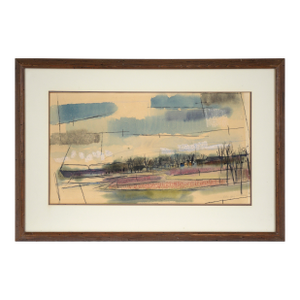 Mid Century Modern Farmhouse Landscape in Watercolor and Ink on Paper by Robin Gay McCline