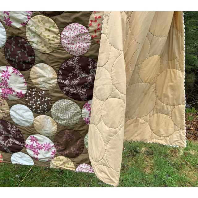 Textile Hippie-Chic Japanese Cotton Medallion Quilt — Chocolate Brown & Pink Floral Circles, Hand Quilted, 66x88P For Sale - Image 7 of 18