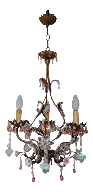 French Pink Drops and Flowers Beaded Tole Chandelier