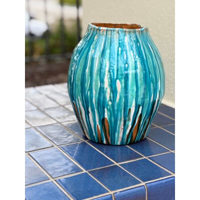 Ceramic Turquoise Drip Italian Ceramic Vase For Sale - Image 7 of 8