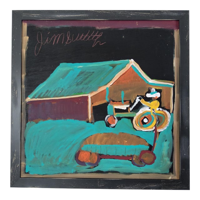 Jimmy Lee Sudduth Folk Art Landscape Painting of Tractor and Barn For Sale
