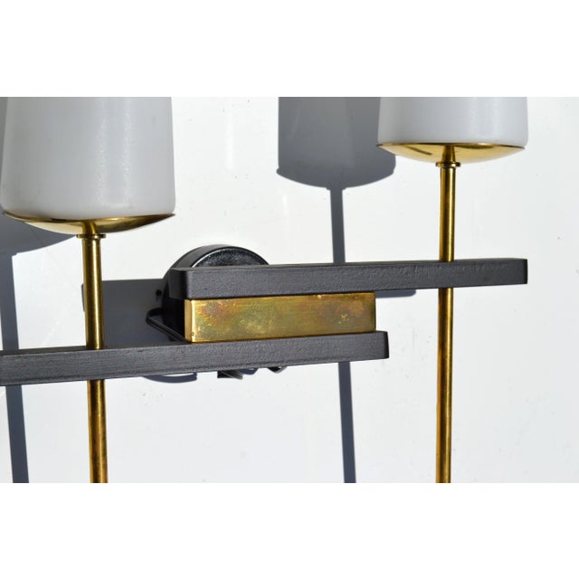 Maison Arlus Pair of Sconces Brass, Steel & Blown Opaline Shades France 1955 For Sale - Image 9 of 11