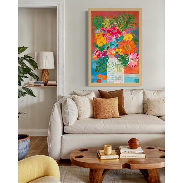 Orange Crush Whimsical Floral Painting and Collage | Carolyn Shultz | Tropical Coastal Beach Art For Sale - Image 4 of 5